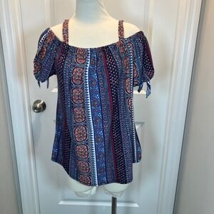 Bobbie Brooks Off The Shoulder Cold Shoulder Tie Sleeve Boho Print Top XL